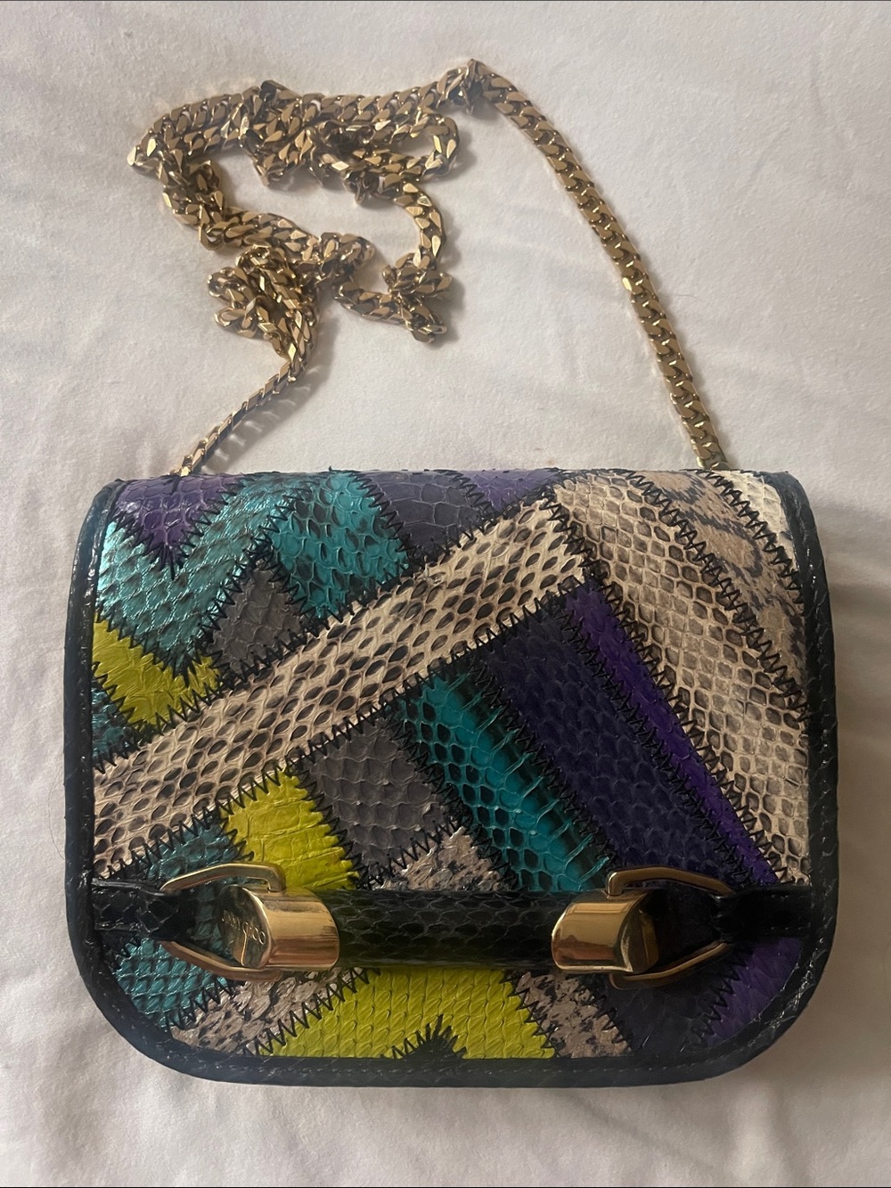 Jimmy Choo Zadie Patchwork Snakeskin Crossbody Bag with gold chain